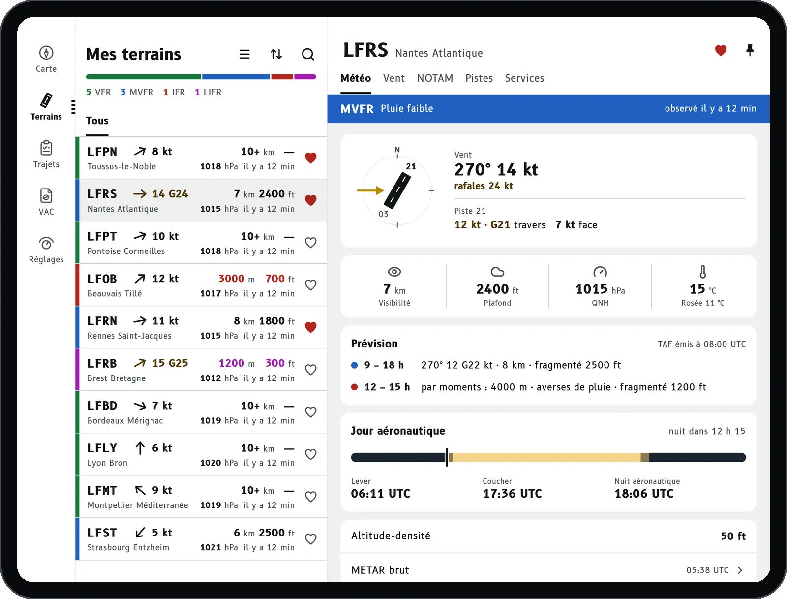 Brifly sur tablette : la liste des terrains et la fiche de Nantes