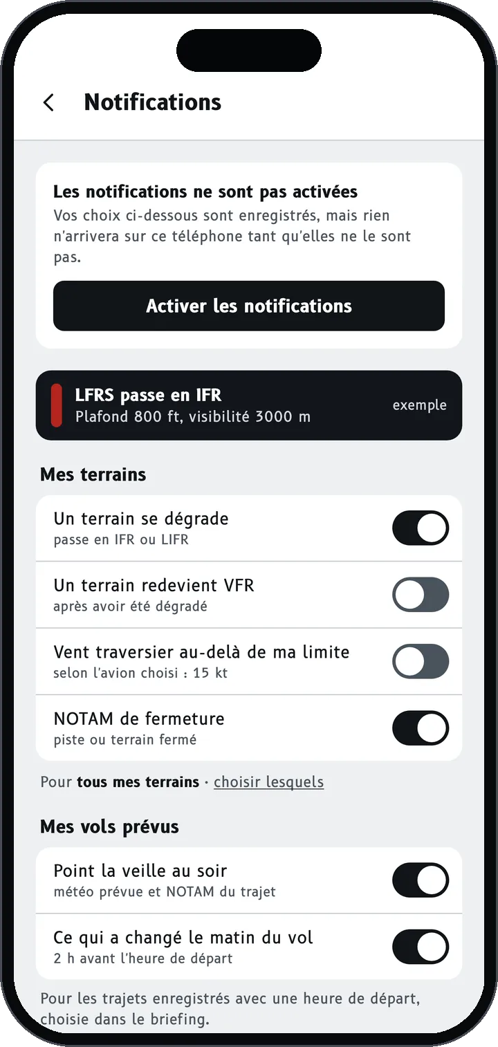 Écran de Brifly : Prévenu quand la météo se dégrade